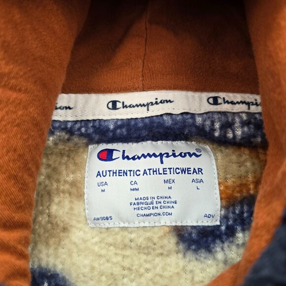 Champion Hoodie Mens Medium Brown Blue Sherpa Camo Fleece Pullover Sweatshirt - Picture 10 of 12